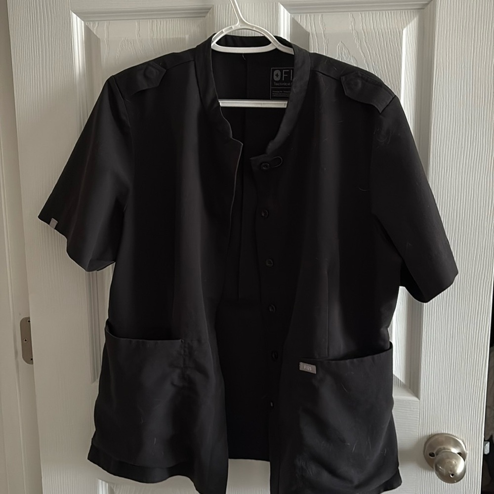 Mandarin Collar complete button up figs scrub top with epaulet shoulder detail